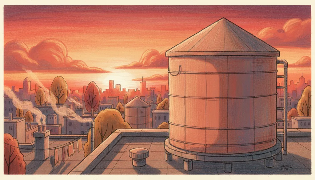 a rooftop water tank against a red sunset