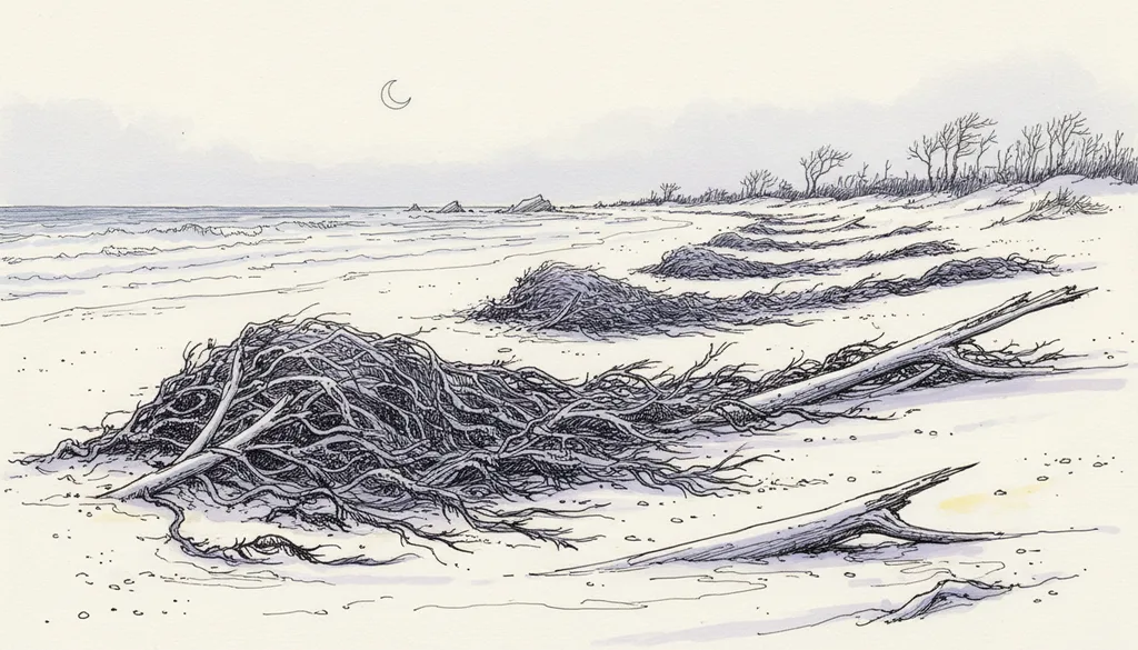 a beach after a storm, weed and timber in windrows