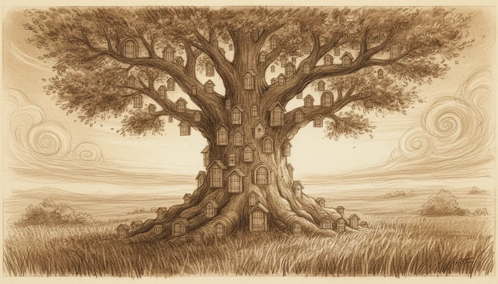 a tree with tiny doors all the way up