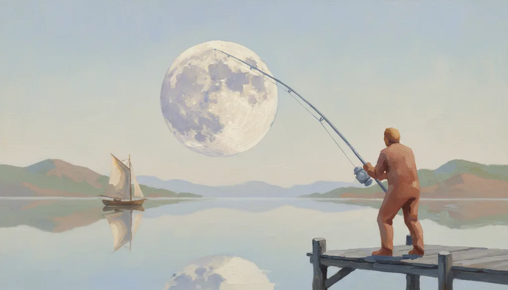 a moon being reeled in on a fishing line
