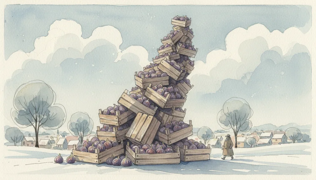 a tower of stacked market crates full of figs