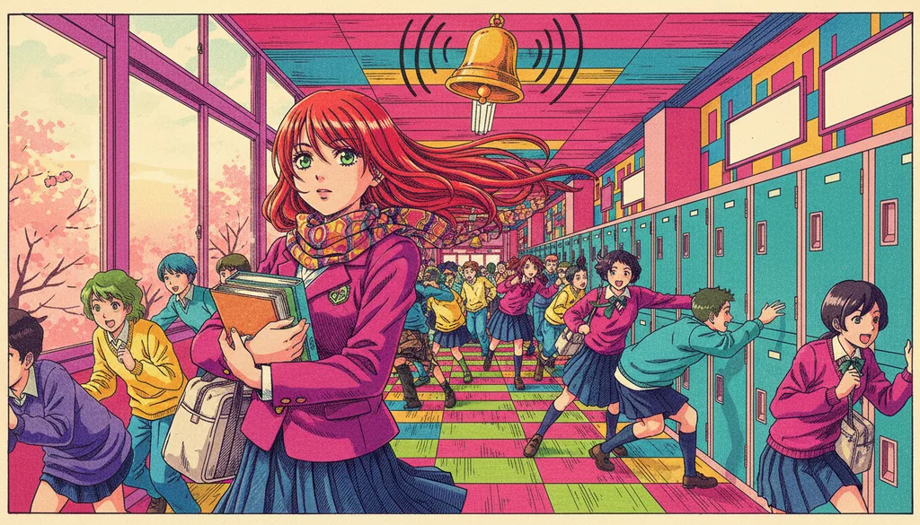 a school corridor at the exact moment the bell goes