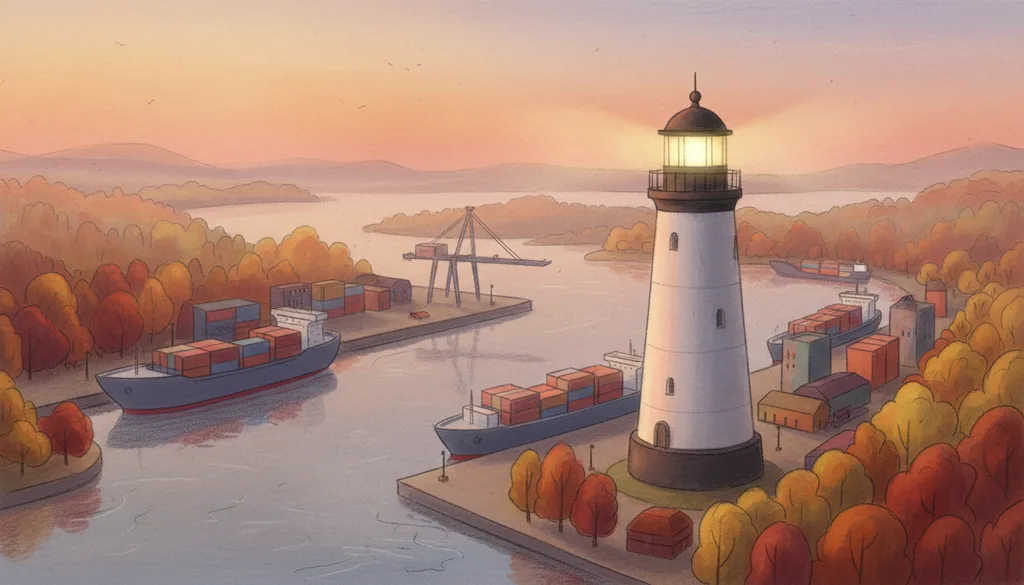a lighthouse standing in the middle of a modern port