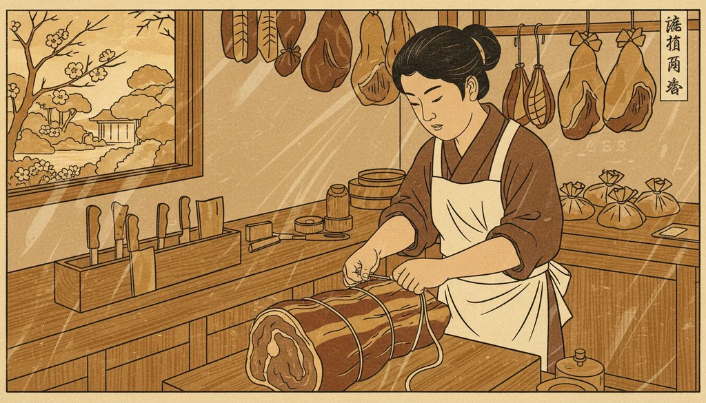 a butcher's apprentice tying a roast with string
