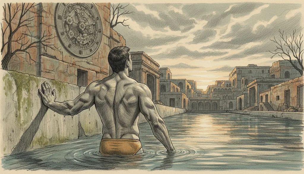 a swimmer touching the wall, looking up at the clock