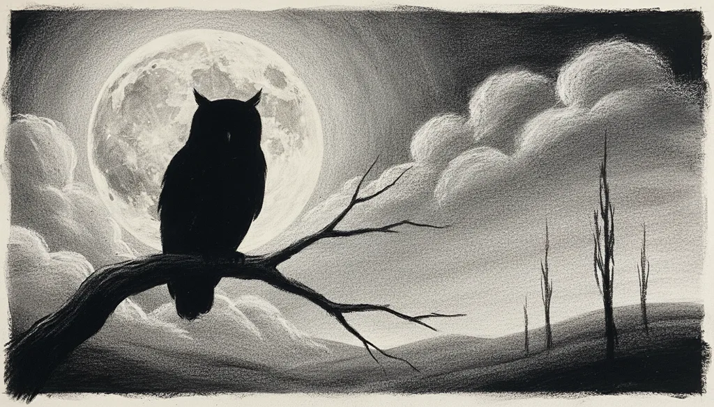 an owl on a bare branch silhouetted against a huge full moon, quiet and mysterious