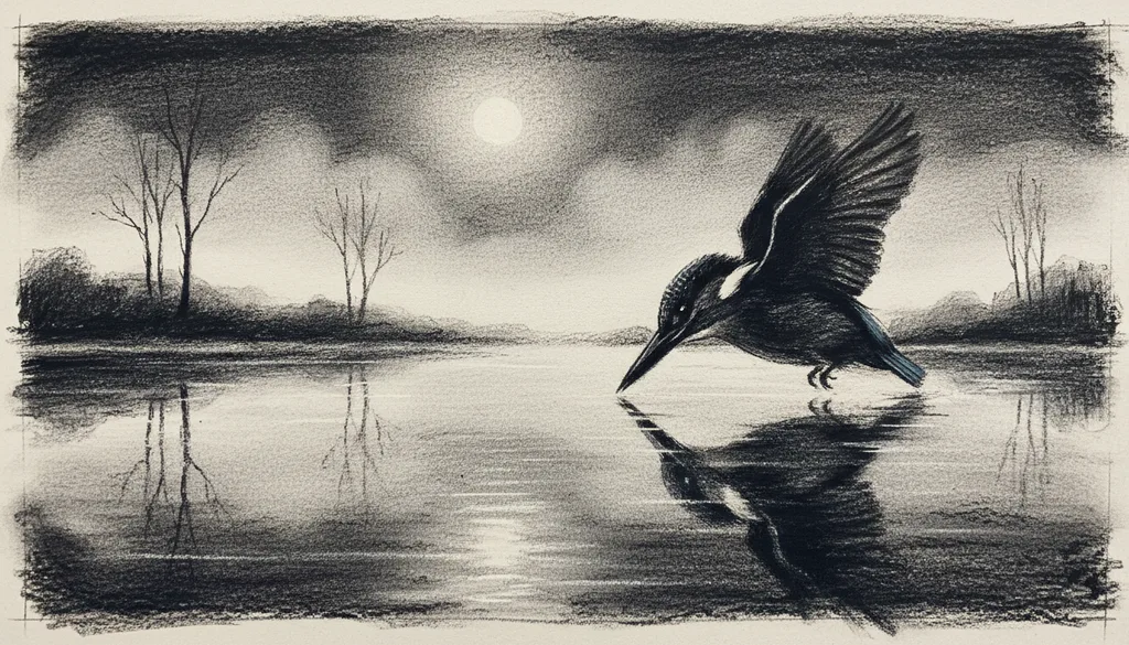 a kingfisher diving into a still river