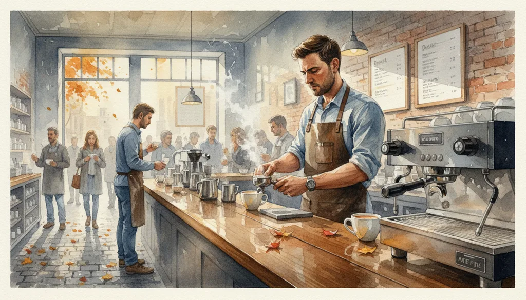 a busy espresso bar, steam and clinking cups
