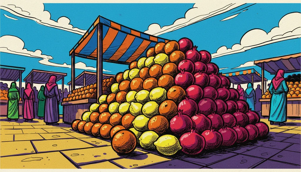 a market stall piled with oranges, lemons, and pomegranates