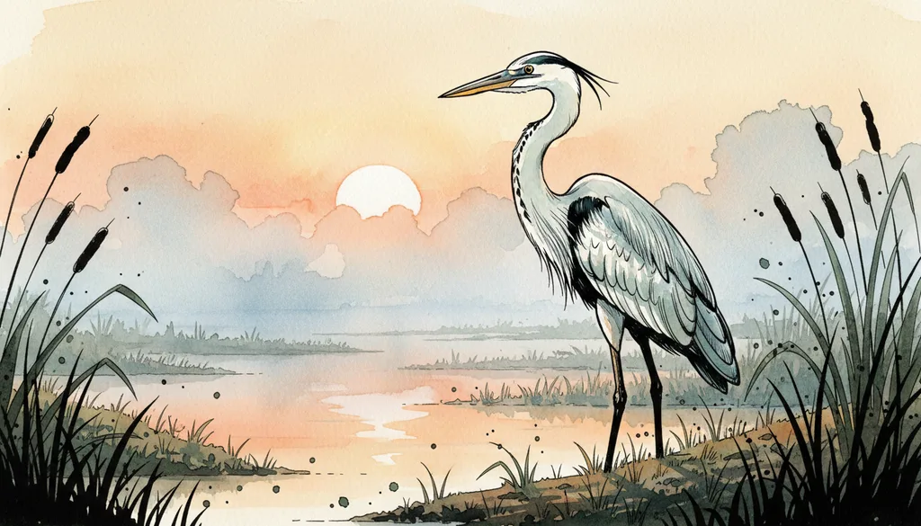 a heron standing in a misty marsh at sunrise
